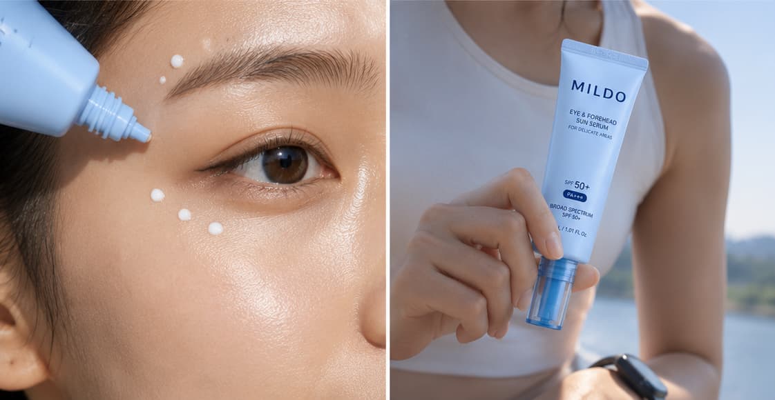밀도 눈가·이마 선세럼을 눈가에 바르고 제품을 든 모습