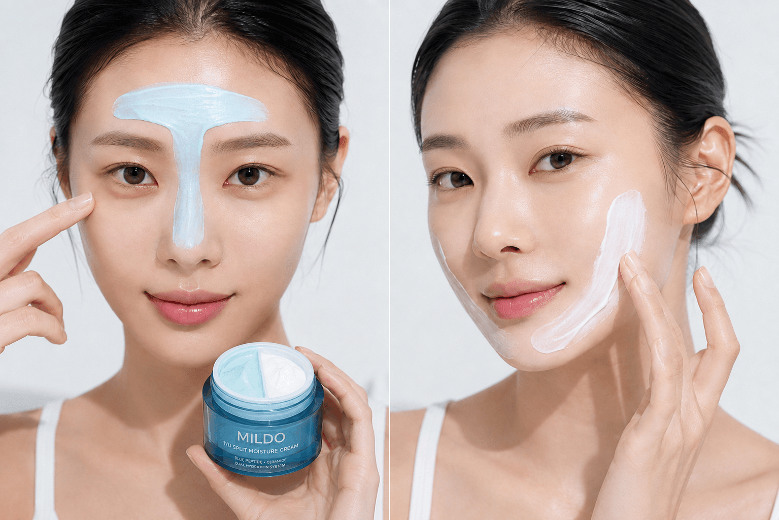 밀도 스플릿 수분크림을 T존과 U존에 나누어 바르는 모습