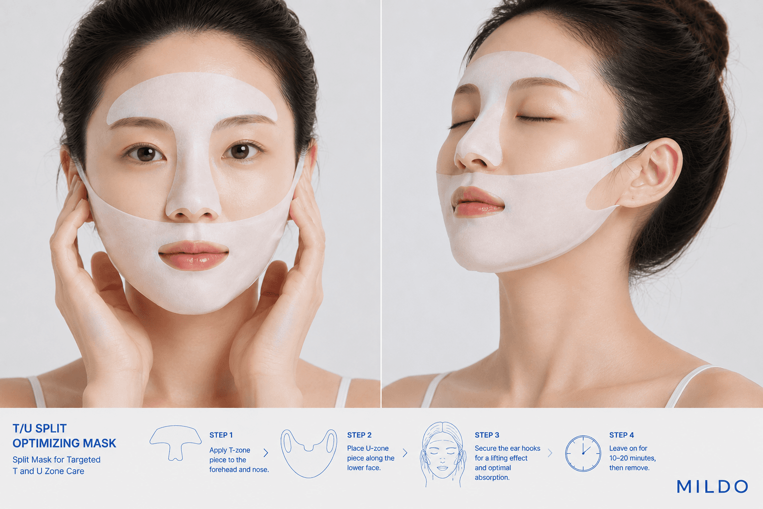 밀도 스플릿 마스크팩의 T존·U존 착용 모습과 10~20분 사용 순서